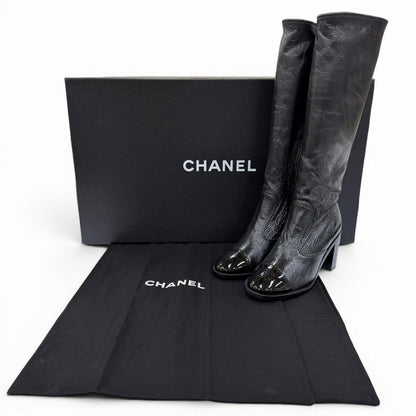 Chanel 24k CC Logo Side Zip Leather Long Boots Black — view 2