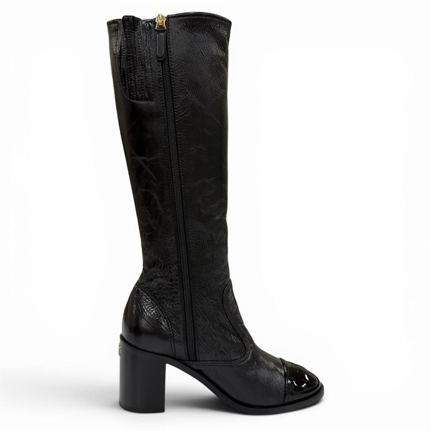 Chanel 24k CC Logo Side Zip Leather Long Boots Black — view 6