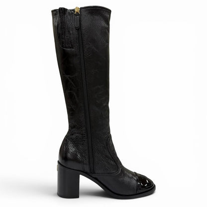 Chanel 24k CC Logo Side Zip Leather Long Boots Black — view 6