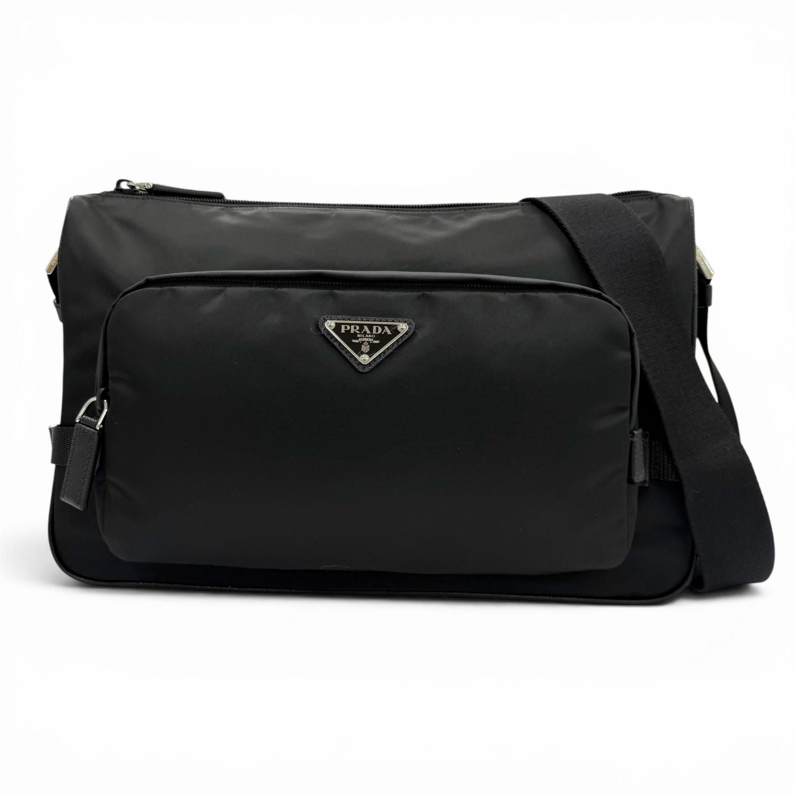 Prada Nylon Leather Triangle Logo Plate Re-Nylon Shoulder Bag Black
