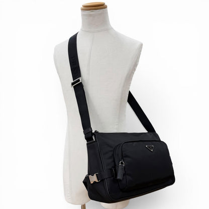 Prada Nylon Leather Triangle Logo Plate Re-Nylon Shoulder Bag Black — view 2