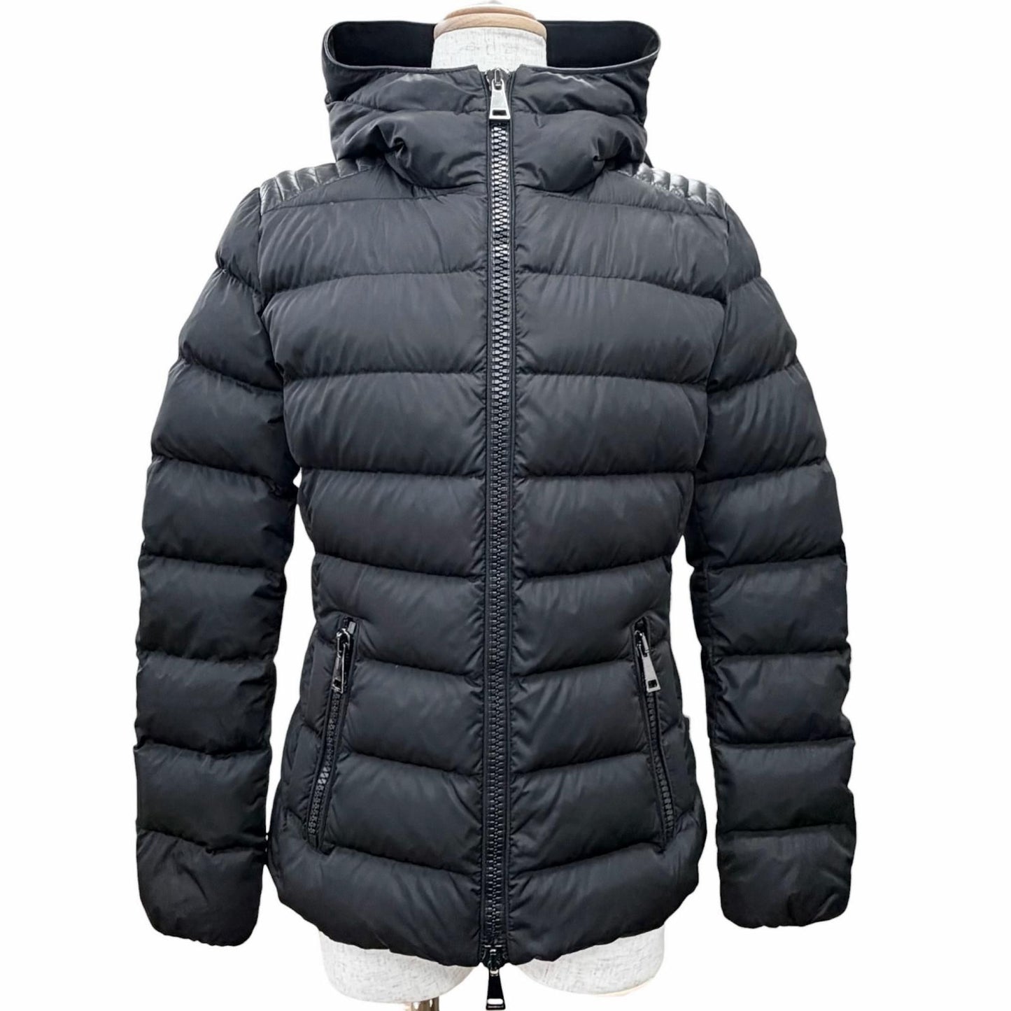 Bvlgari Moncler Tetra Logo Patch Hooded Leather Trim Down Jacket Black