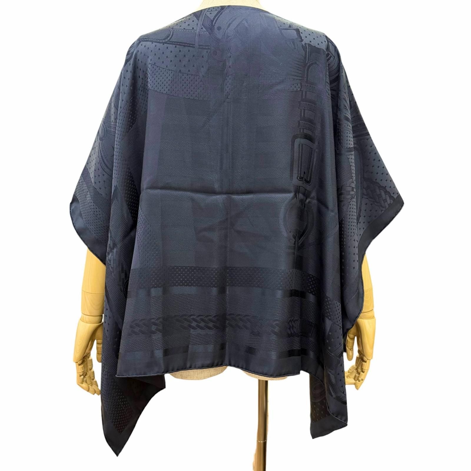Hermes Dress Coaching Silk 100% Jacquard Weave Shoulder Shawl Poncho Navy — view 3