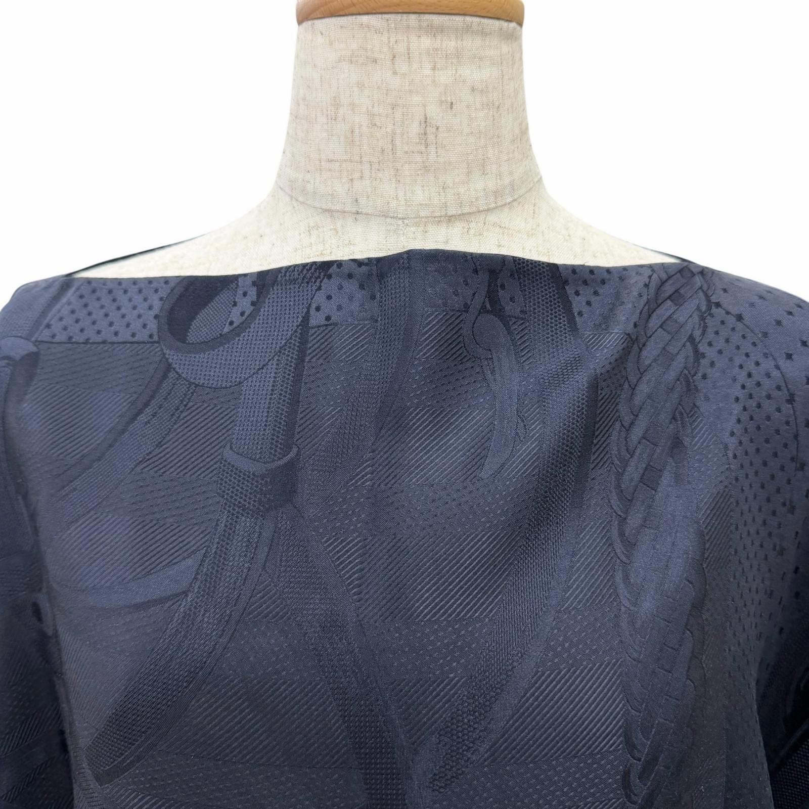 Hermes Dress Coaching Silk 100% Jacquard Weave Shoulder Shawl Poncho Navy — view 4