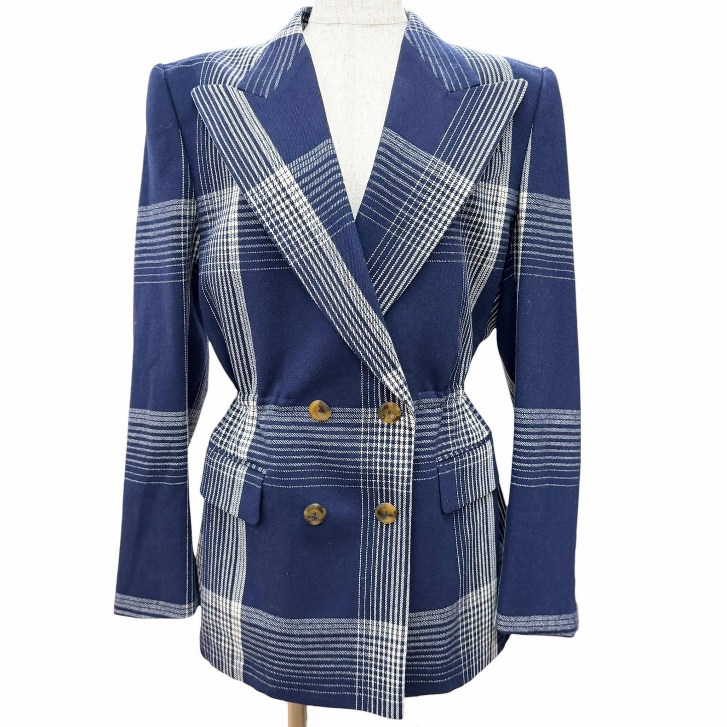 Gucci Wool Check Pattern Peak Lapel Double Button Jacket Navy Ivory 40 Recommend