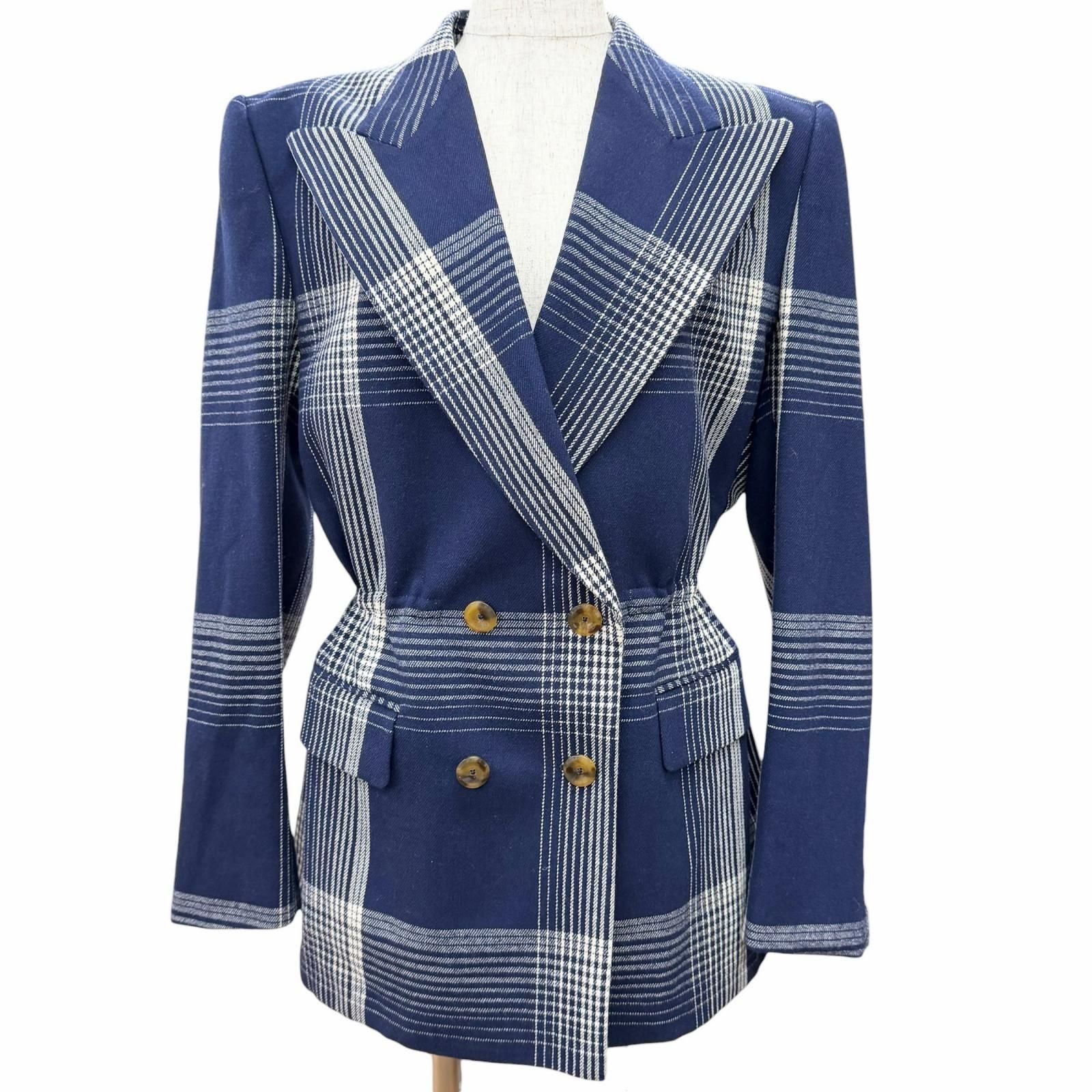 Gucci Wool Check Pattern Peak Lapel Double Button Jacket Navy Ivory 40 Recommend