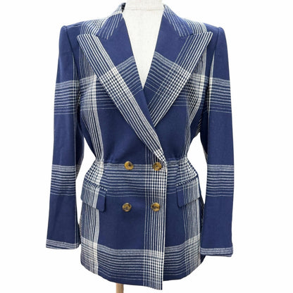 Gucci Wool Check Pattern Peak Lapel Double Button Jacket Navy Ivory 40 Recommend