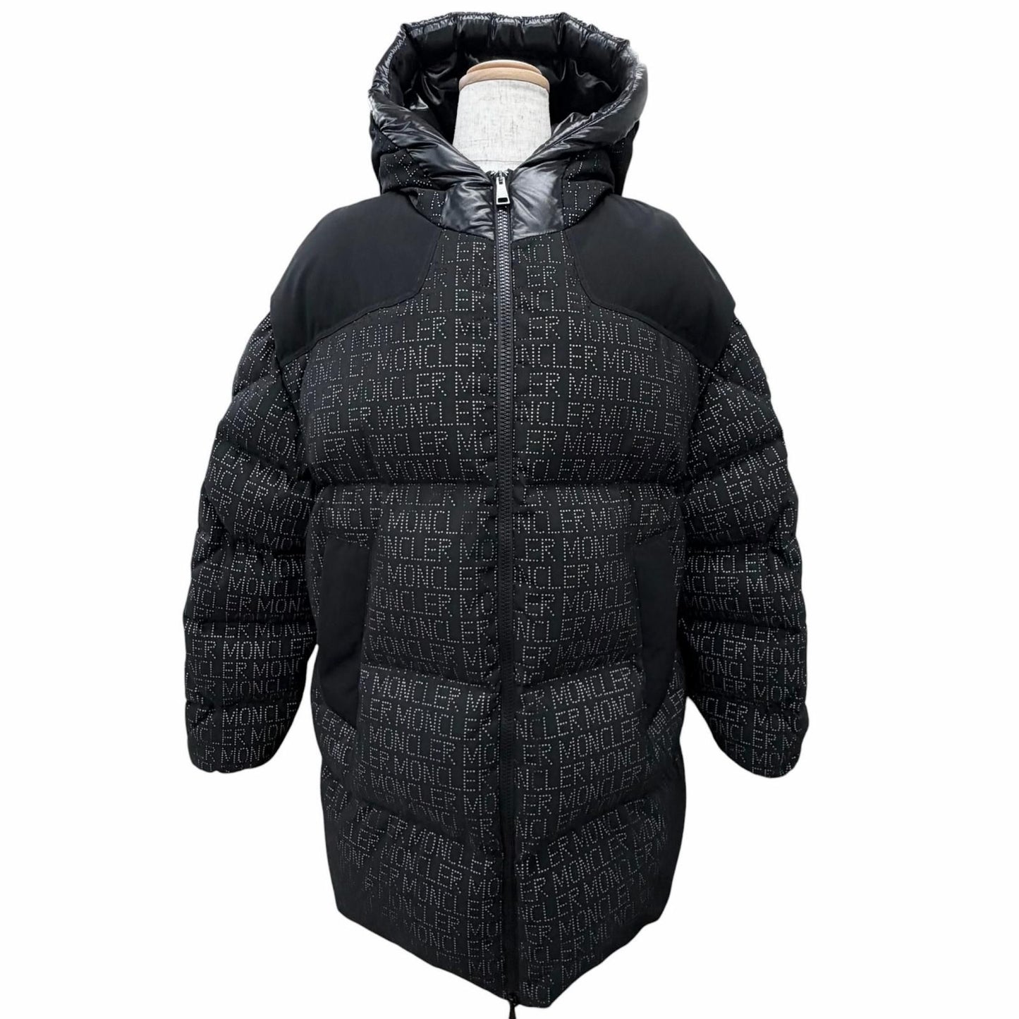 Moncler Grandval Letter Ring Logo All Over Pattern Patch Hooded Down Jacket