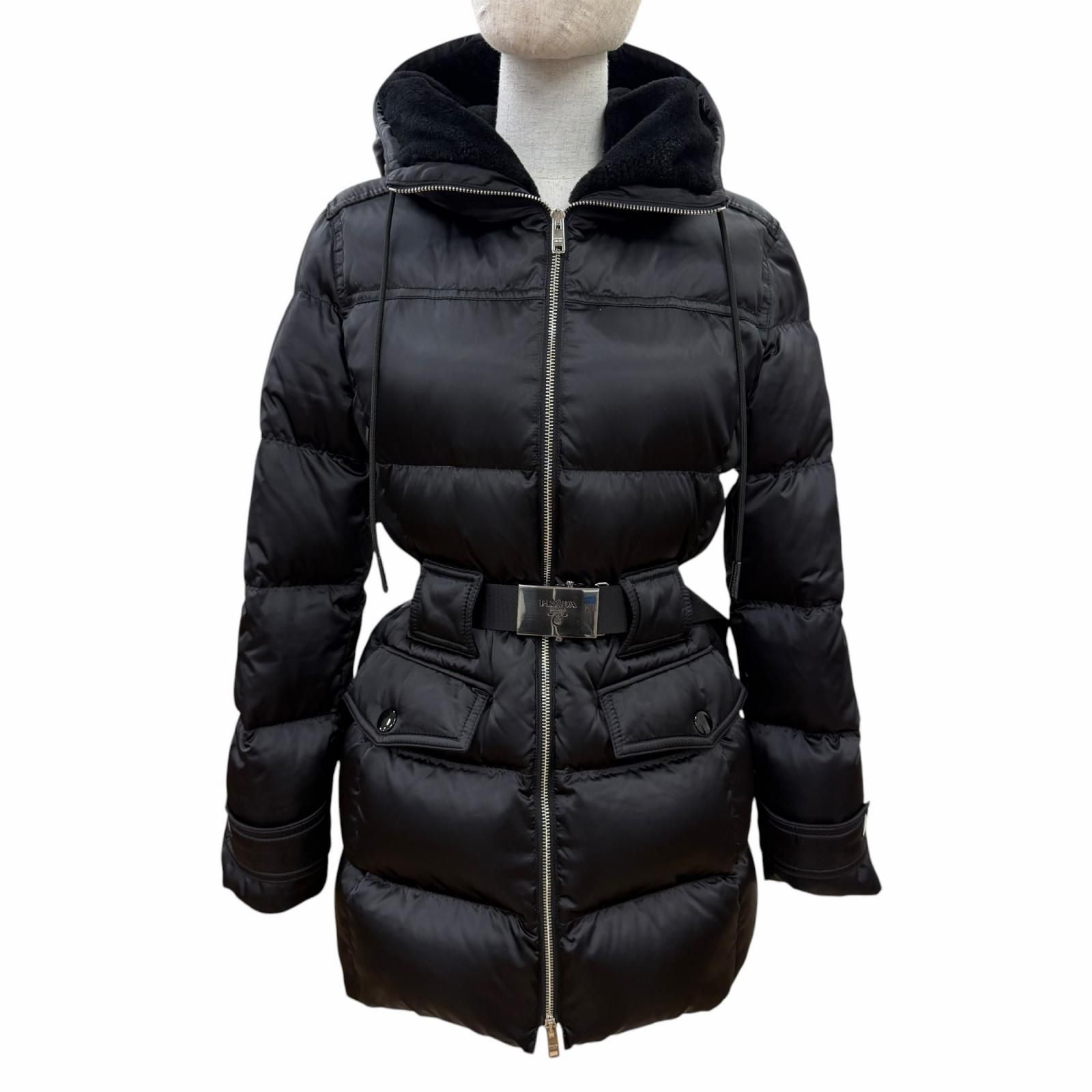 Prada Logo Buckle Belt Lambfa Use Zip Up Coat Black 38