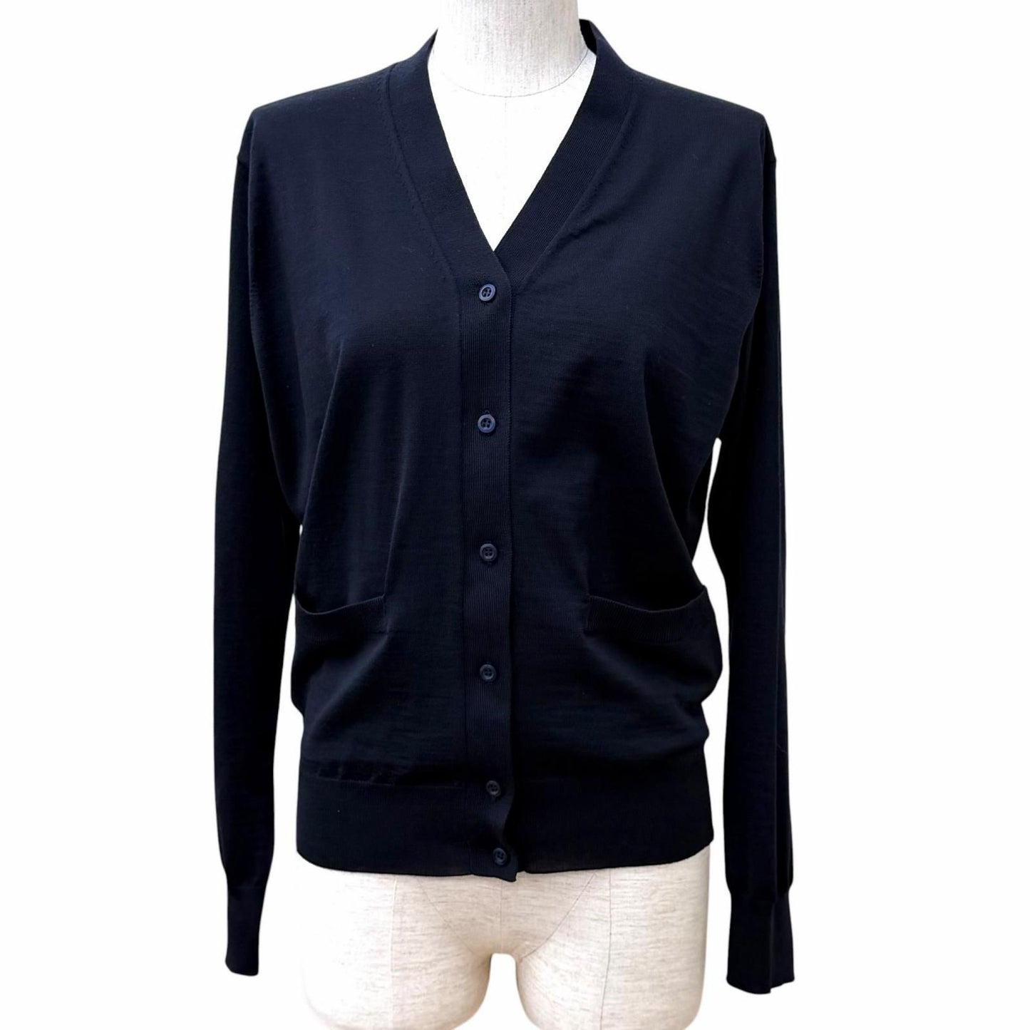 Prada 100% Virgin Wool Neck Long Sleeve Knit Cardigan Navy 36