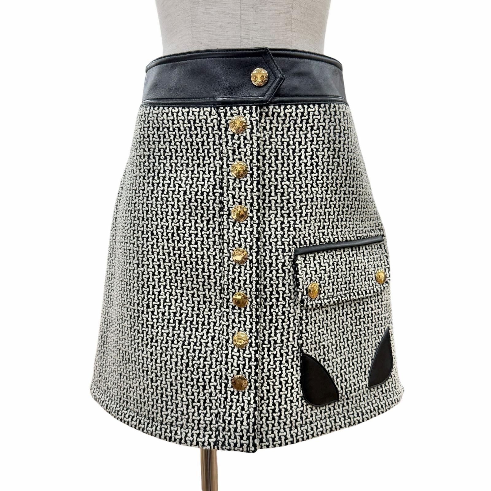Louis Vuitton Wool Polyester Trim Lining Monogram Skirt Black White 36