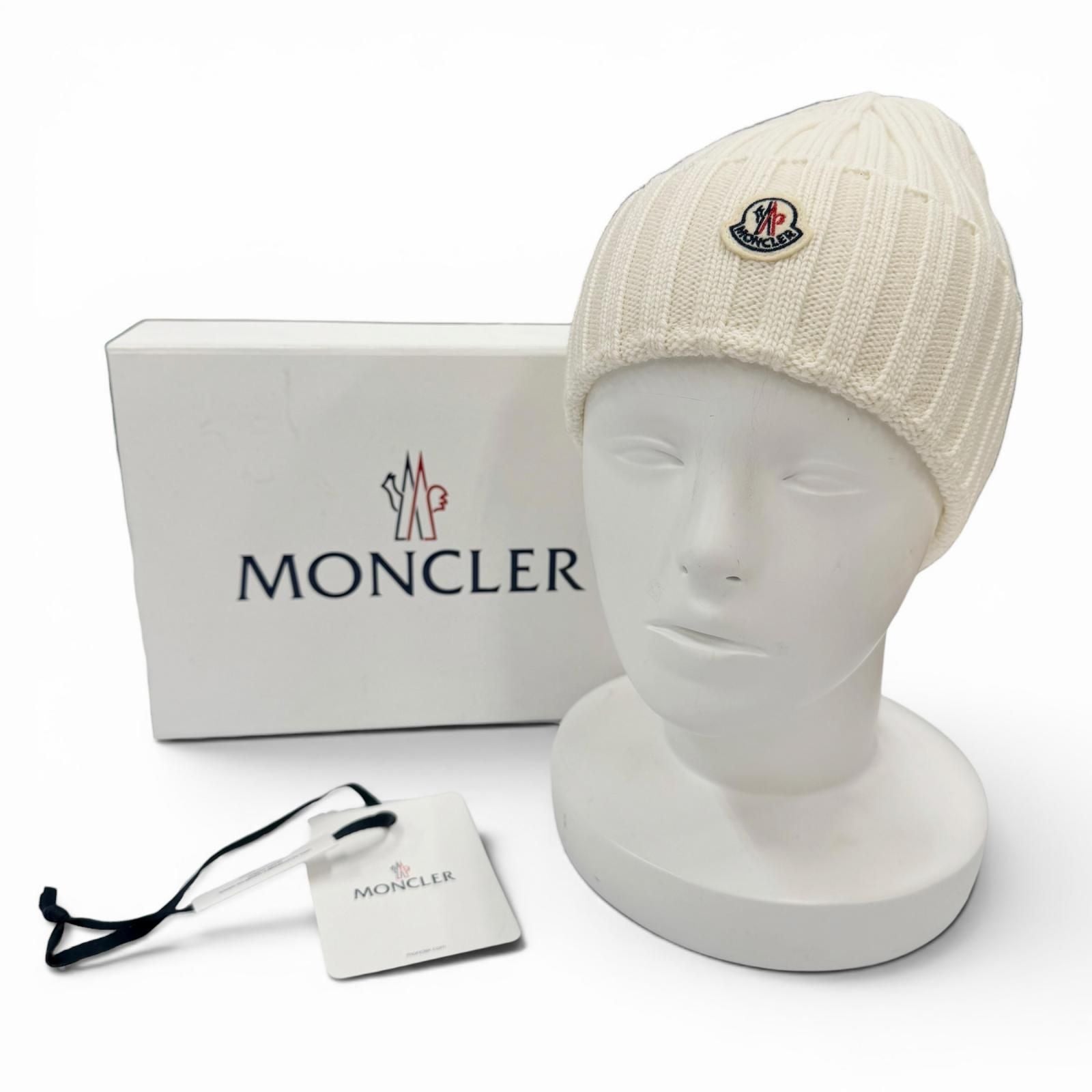 Moncler Wool Beanie with Logo Patch Knit Cap Ivory Uni — view 2