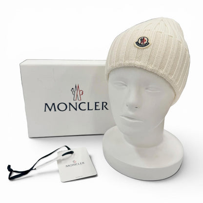 Moncler Wool Beanie with Logo Patch Knit Cap Ivory Uni — view 2