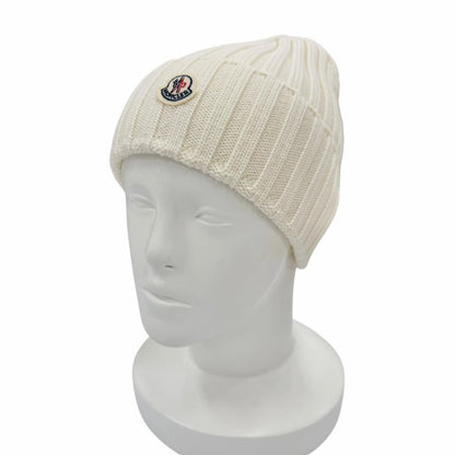 Moncler Wool Beanie with Logo Patch Knit Cap Ivory Uni