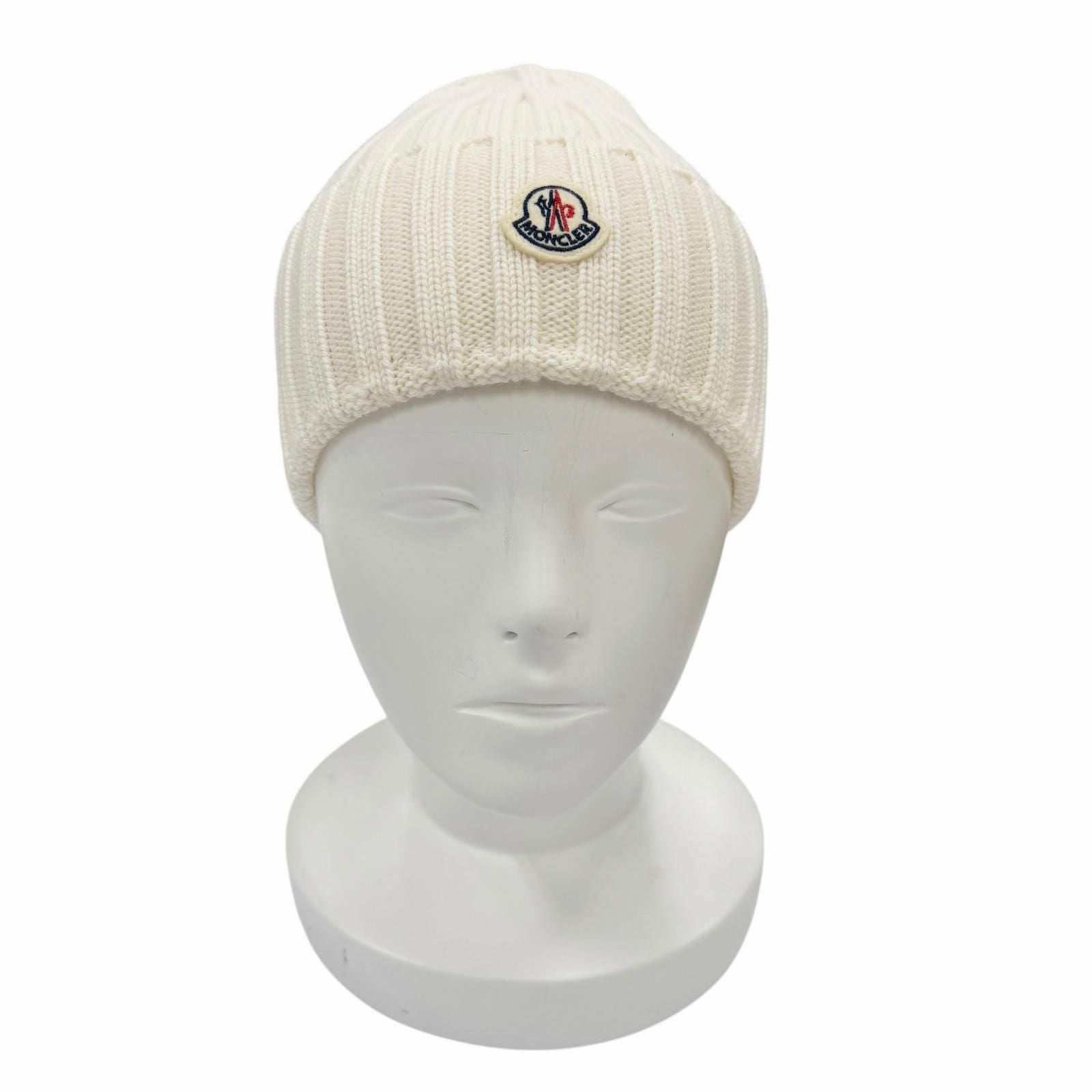 Moncler Wool Beanie with Logo Patch Knit Cap Ivory Uni — view 3