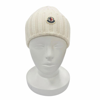 Moncler Wool Beanie with Logo Patch Knit Cap Ivory Uni — view 3