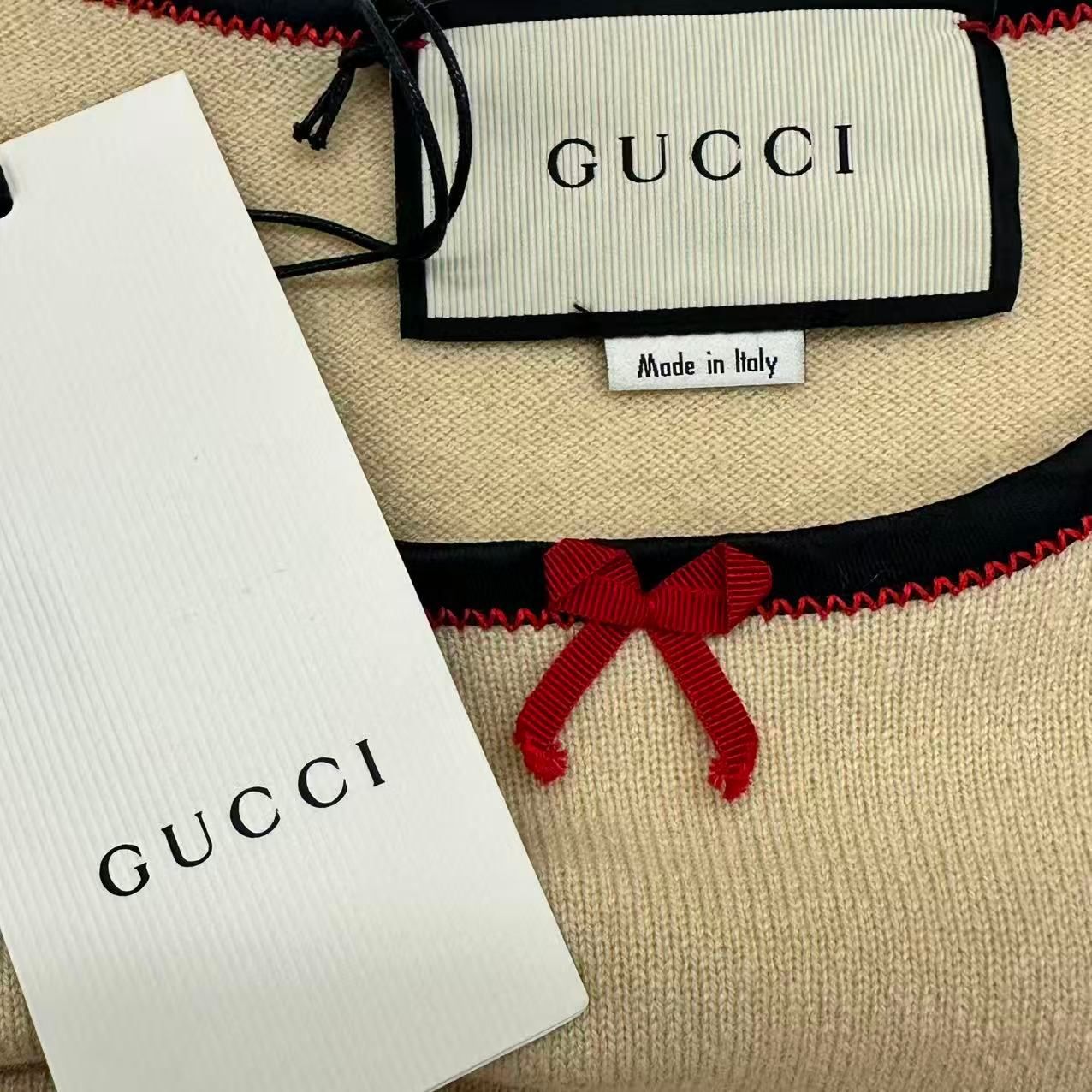 Gucci Cashmere Top Ribbon Short Sleeve Knit Beige Sweater — view 4