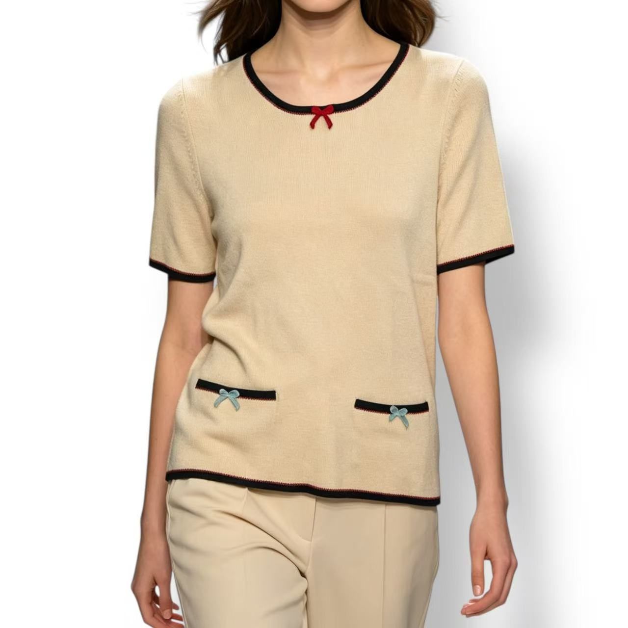 Gucci Cashmere Top Ribbon Short Sleeve Knit Beige Sweater