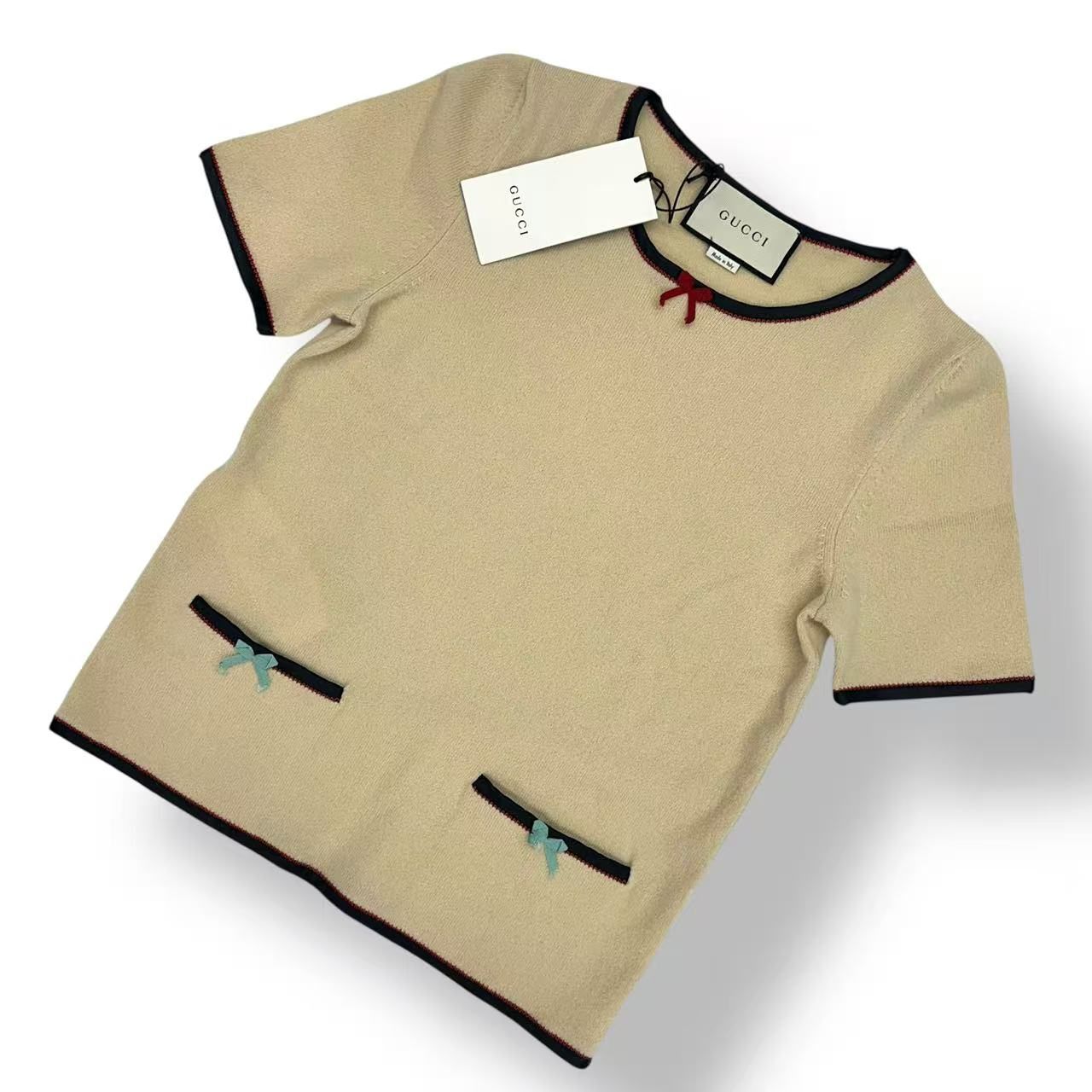 Gucci Cashmere Top Ribbon Short Sleeve Knit Beige Sweater — view 2