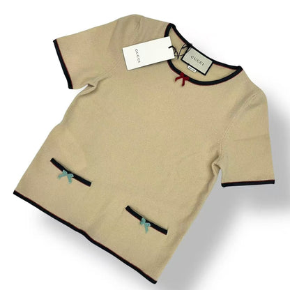 Gucci Cashmere Top Ribbon Short Sleeve Knit Beige Sweater — view 2