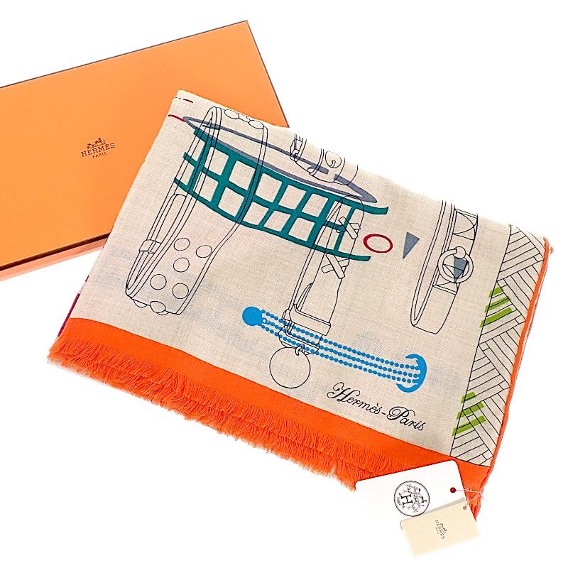 Hermes Rectangle Colliers de Chiens Imprimeur Fou 02 Scarf Silk Cashmere Ivory