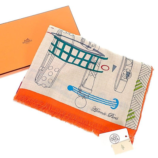 Hermes Rectangle Colliers de Chiens Imprimeur Fou 02 Scarf Silk Cashmere Ivory