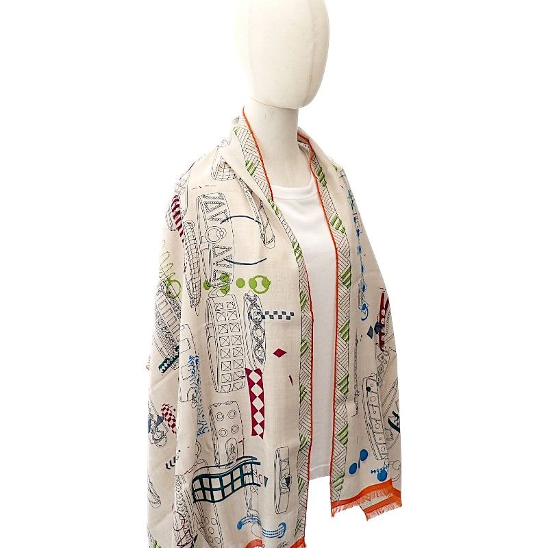 Hermes Rectangle Colliers de Chiens Imprimeur Fou 02 Scarf Silk Cashmere Ivory — view 9