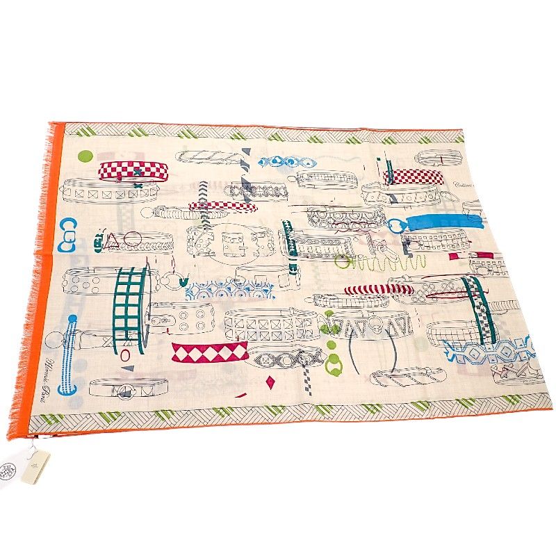 Hermes Rectangle Colliers de Chiens Imprimeur Fou 02 Scarf Silk Cashmere Ivory — view 3