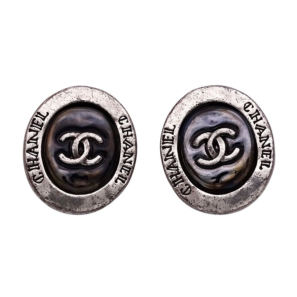 Chanel Earrings Black Silver CC Logo Oval Large