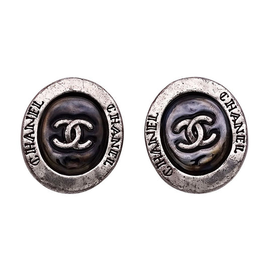 Chanel Earrings Black Silver CC Logo Oval Large