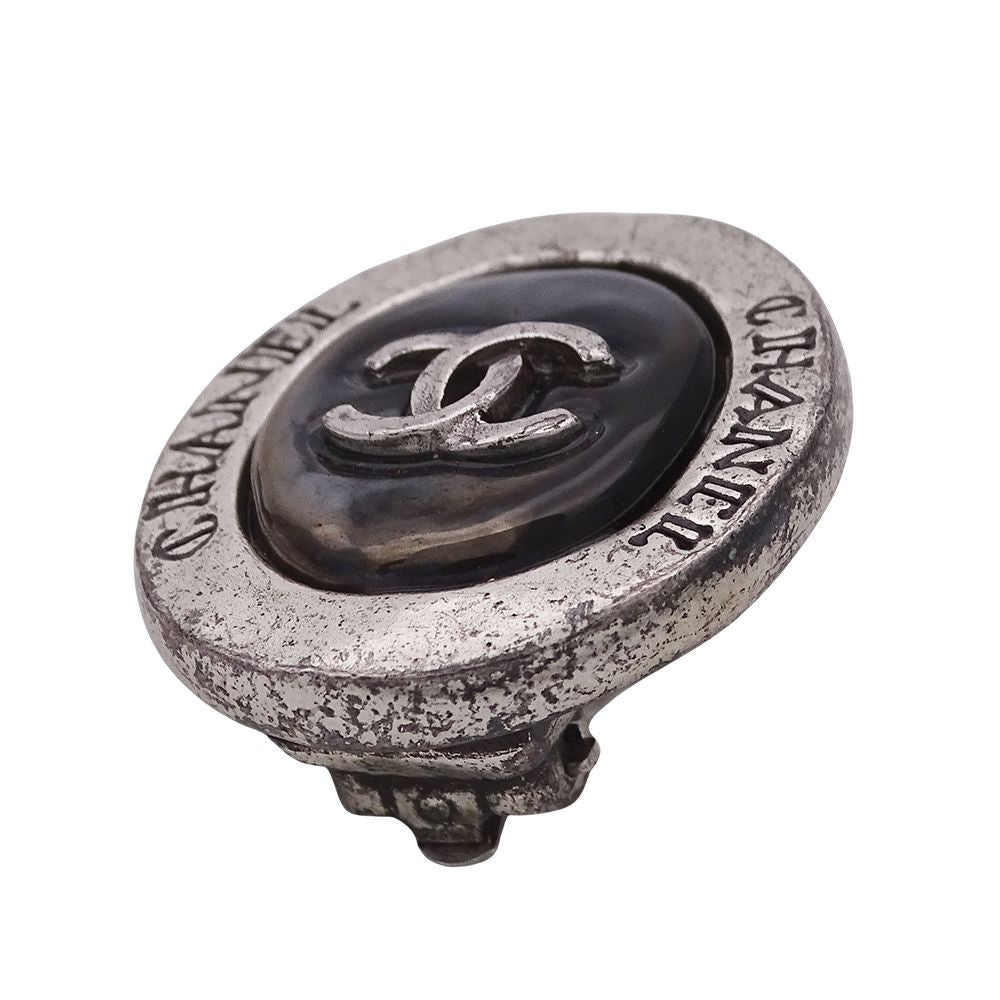 Chanel Earrings Black Silver CC Logo Oval Large — view 9