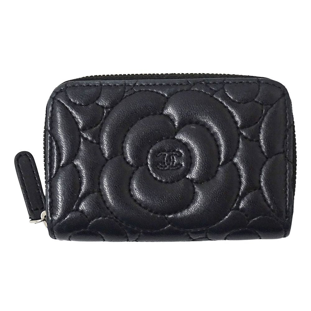 Chanel Wallet Camellia Coin Case Lambskin Black Silver Zip Around