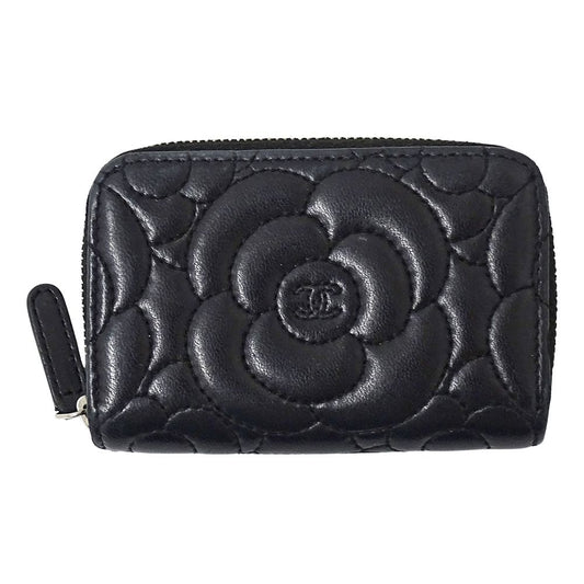 Chanel Wallet Camellia Coin Case Lambskin Black Silver Zip Around