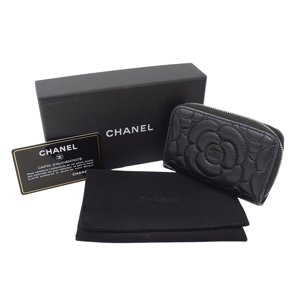 Chanel Wallet Camellia Coin Case Lambskin Black Silver Zip Around — view 7