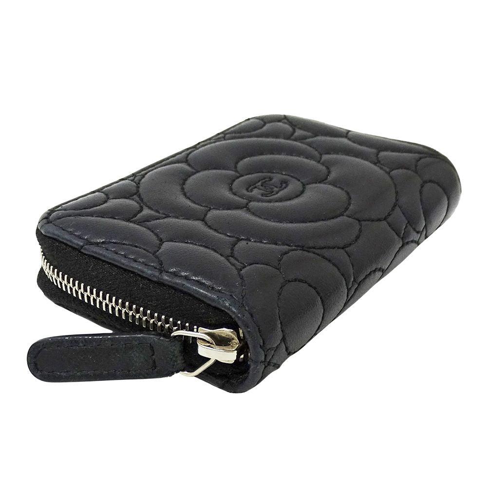 Chanel Wallet Camellia Coin Case Lambskin Black Silver Zip Around — view 3