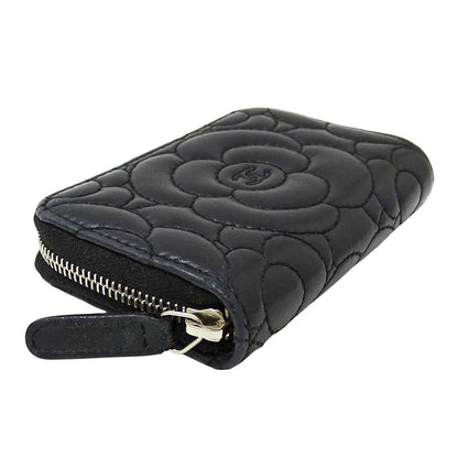 Chanel Wallet Camellia Coin Case Lambskin Black Silver Zip Around — view 3