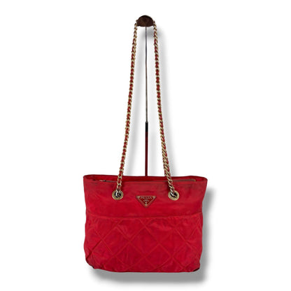 Prada Triangle Logo Quilted Chain Shoulder Bag Semi Red Tessuto — view 3