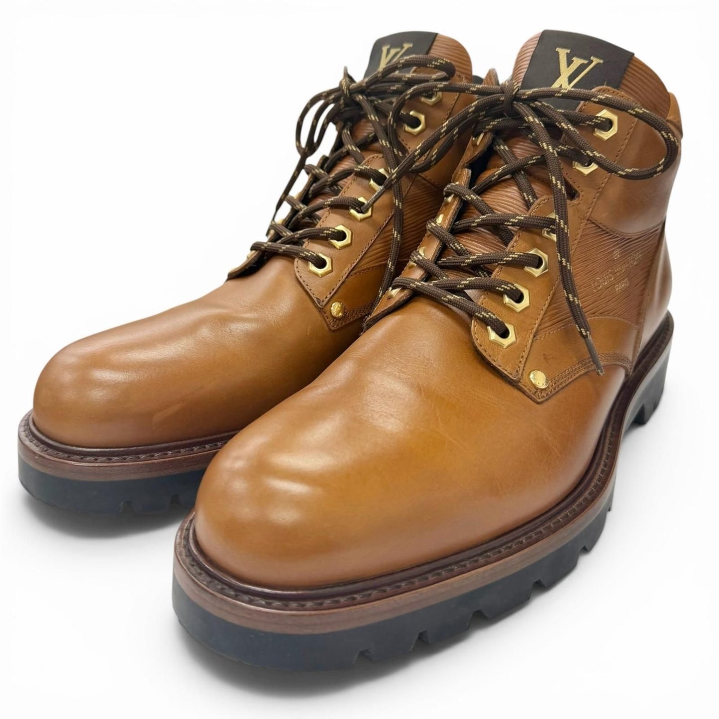 Louis Vuitton Oberkampf Line Leather Lace Up Work Boots Ankle Brown 8