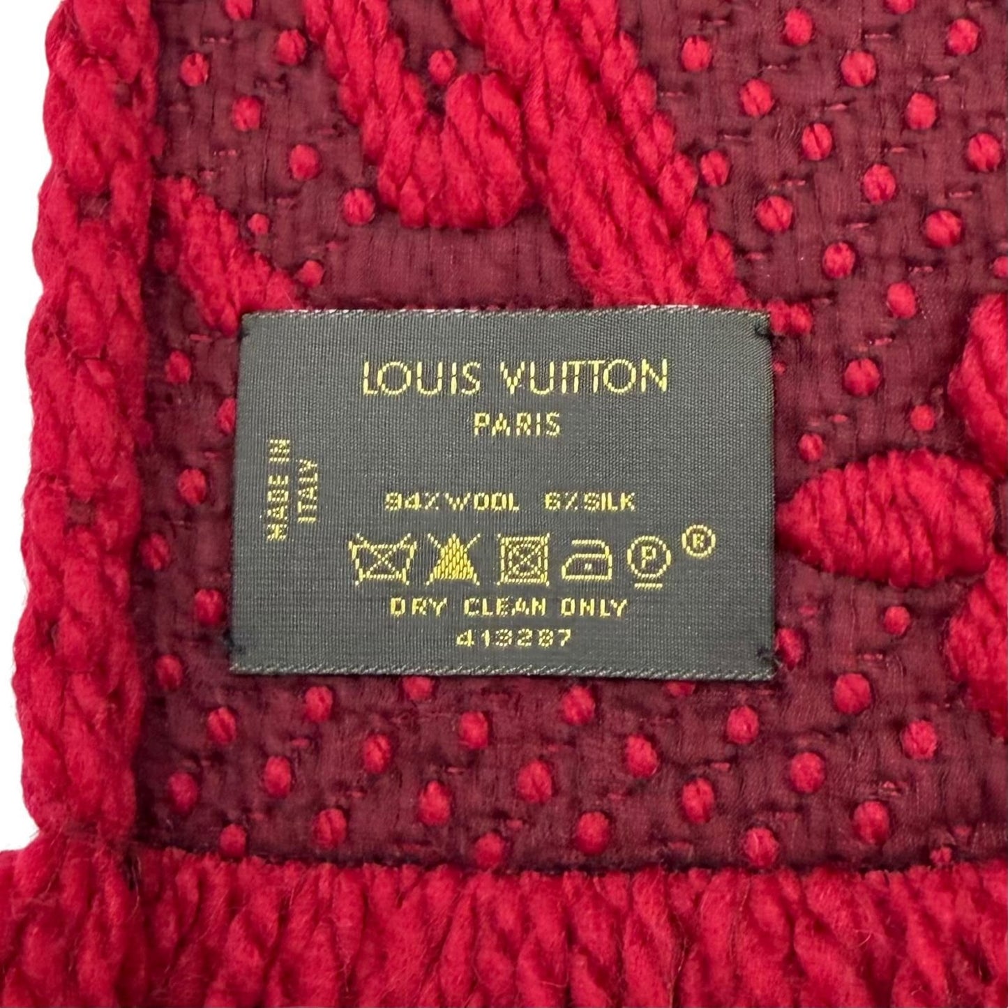Louis Vuitton Echarpe Logo Mania Wool Silk Blend Ruby Scarf with Fringe — view 6