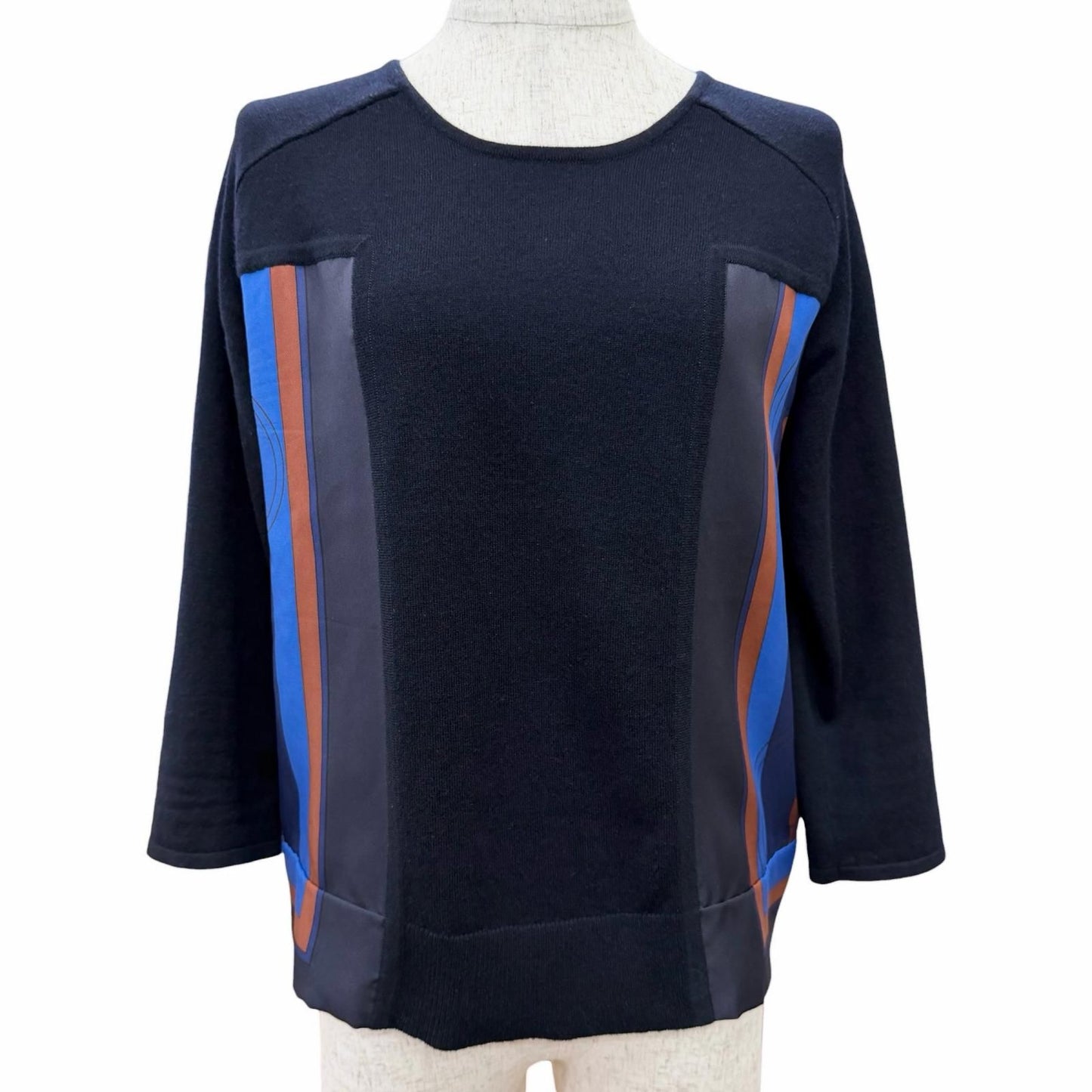 Hermes Silk Cashmere Blend Carriage Pattern Twill Lane Crew Neck Long Sleeve