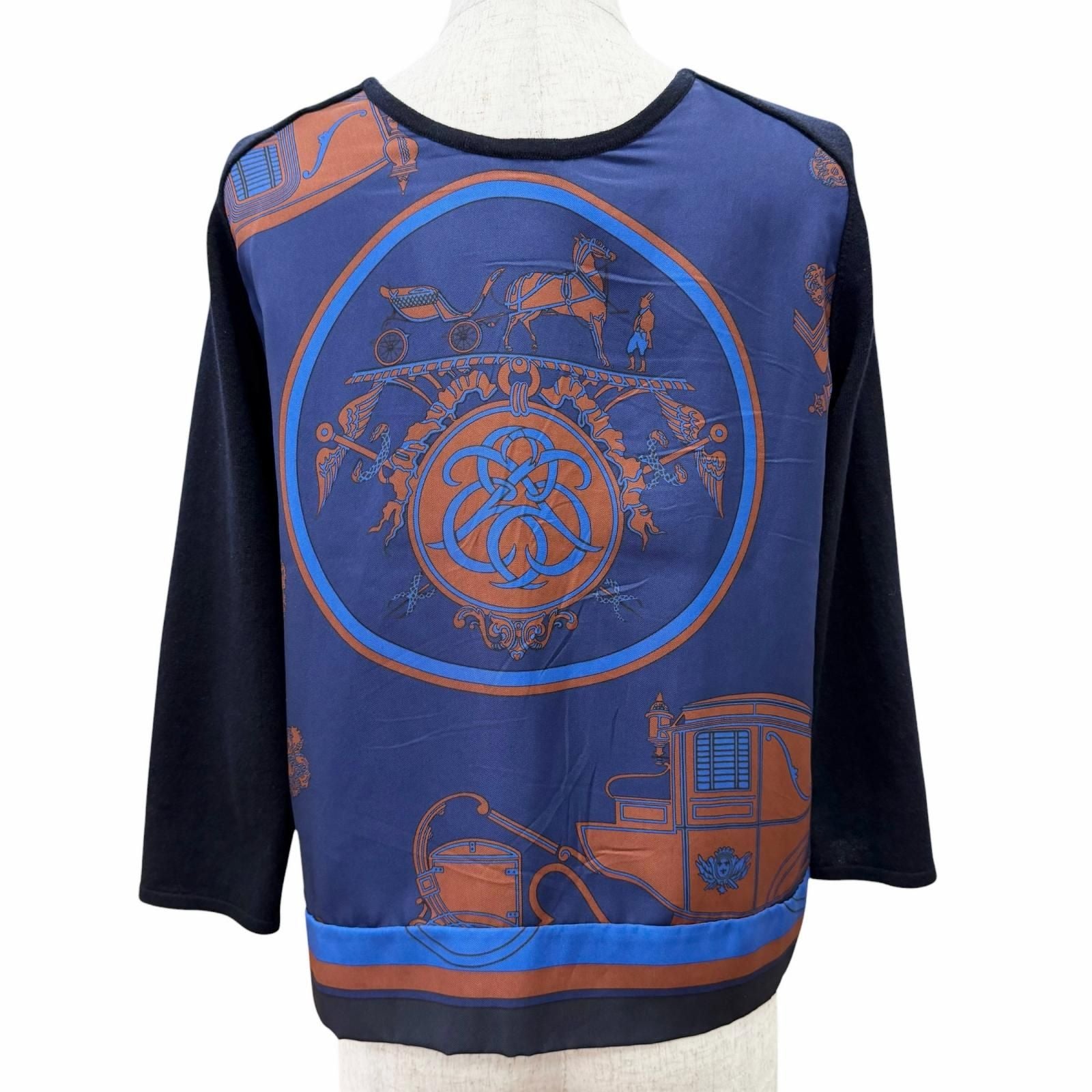 Hermes Silk Cashmere Blend Carriage Pattern Twill Lane Crew Neck Long Sleeve — view 3