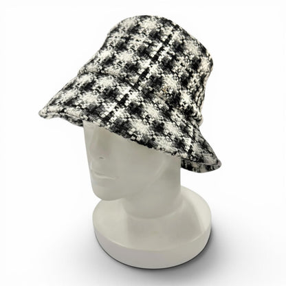 Chanel Wool Tweed Bucket Hat with CC Logo Black Gray White