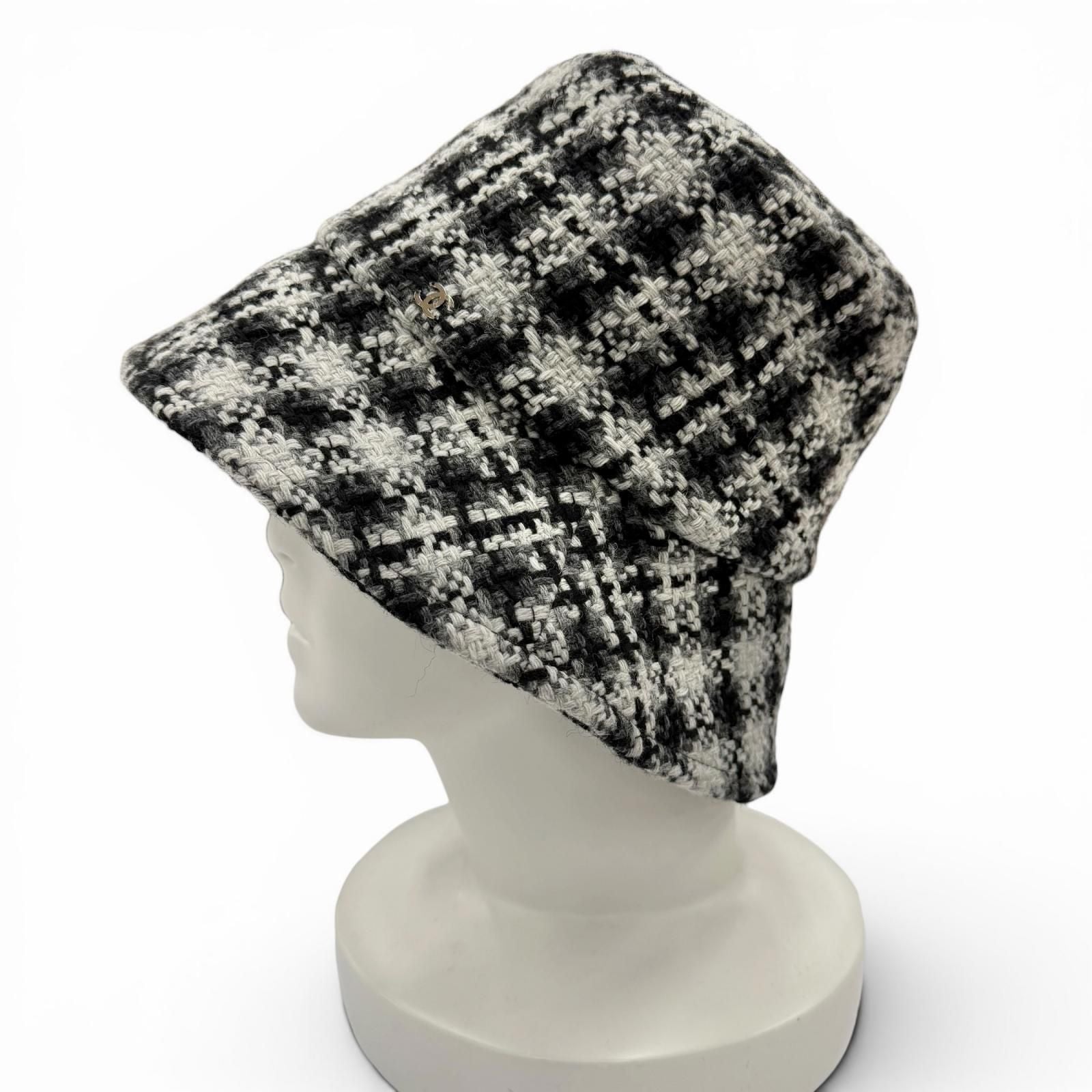 Chanel Wool Tweed Bucket Hat with CC Logo Black Gray White — view 3