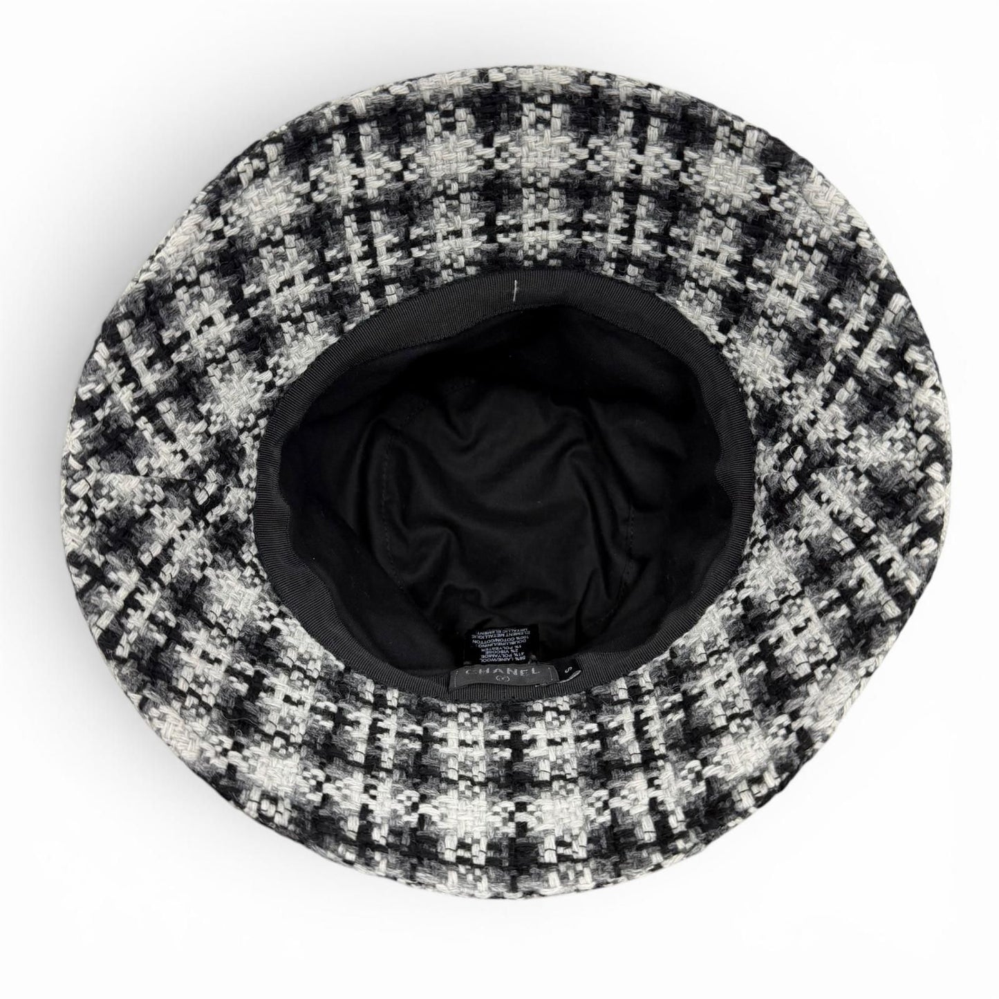 Chanel Wool Tweed Bucket Hat with CC Logo Black Gray White — view 6