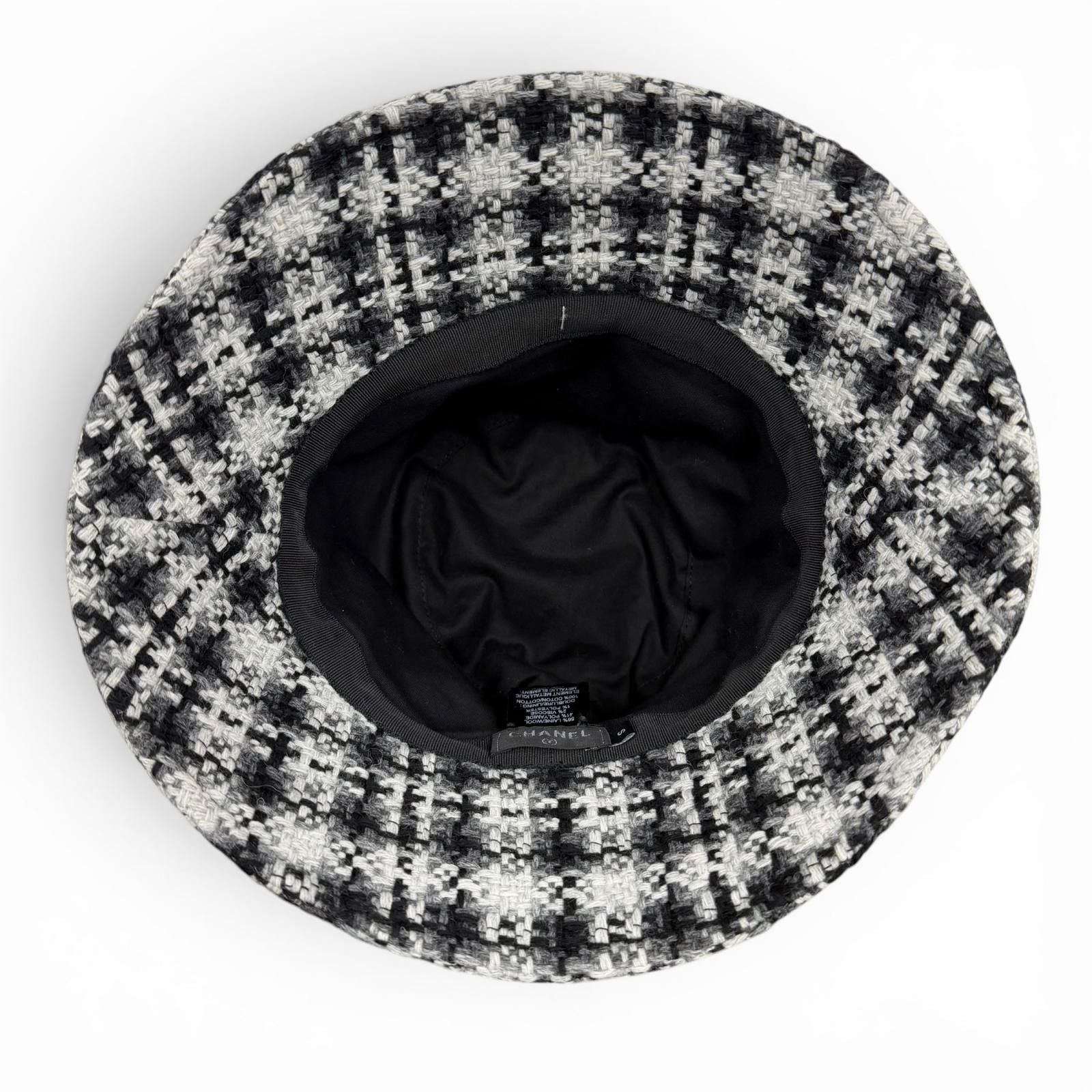 Chanel Wool Tweed Bucket Hat with CC Logo Black Gray White — view 6