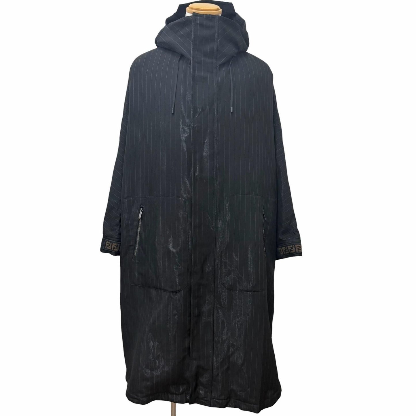 Fendi Striped Pattern Glossy Hooded Padded Coat Black 46