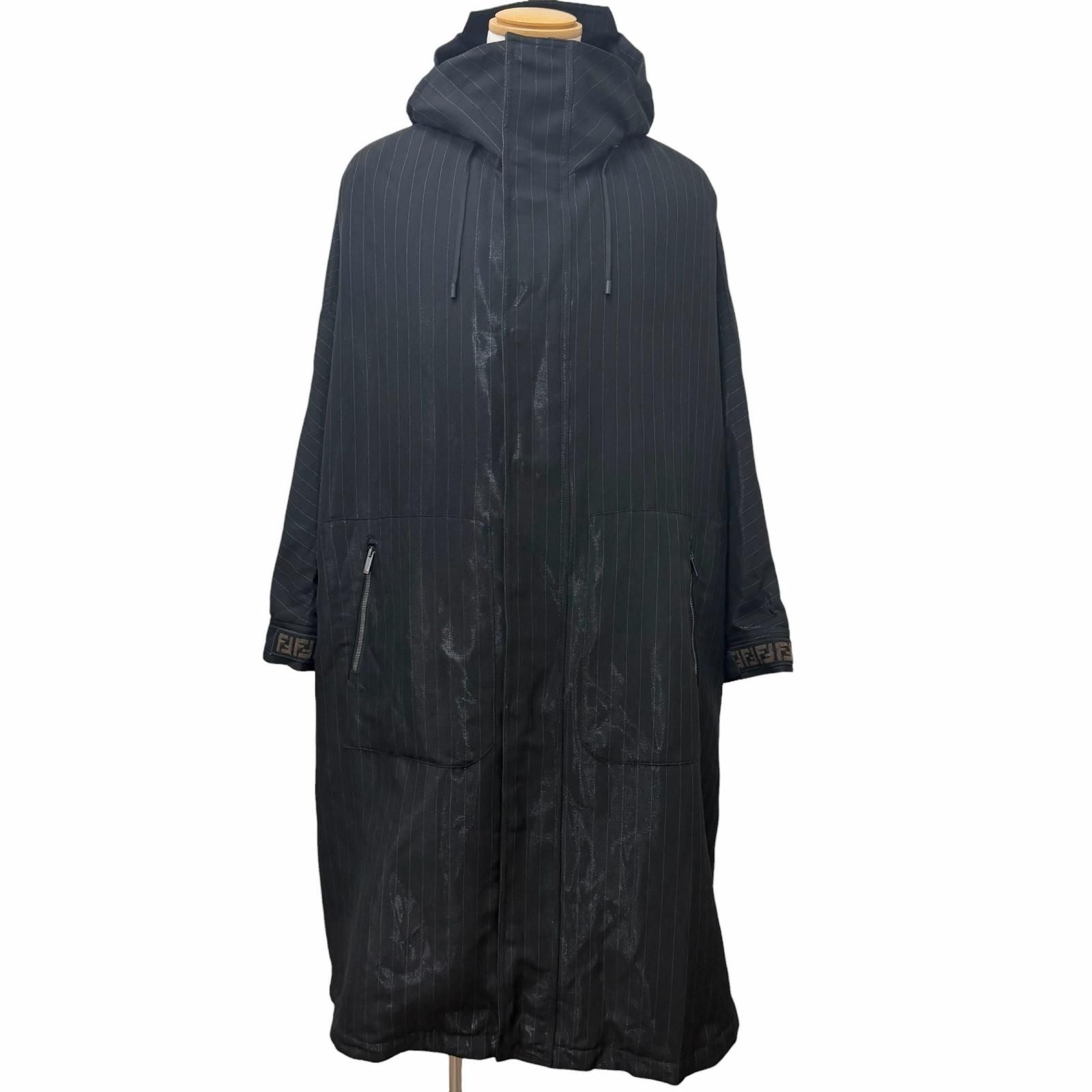 Fendi Striped Pattern Glossy Hooded Padded Coat Black 46