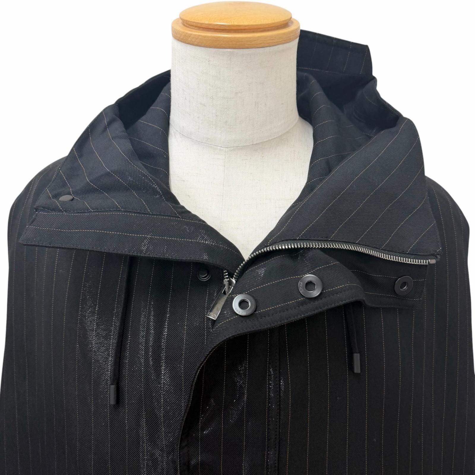 Fendi Striped Pattern Glossy Hooded Padded Coat Black 46 — view 2
