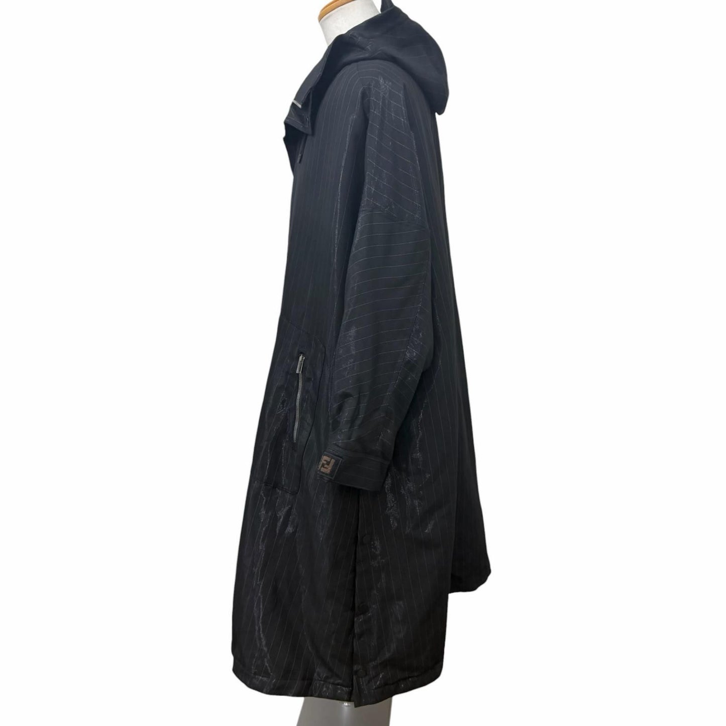 Fendi Striped Pattern Glossy Hooded Padded Coat Black 46 — view 3