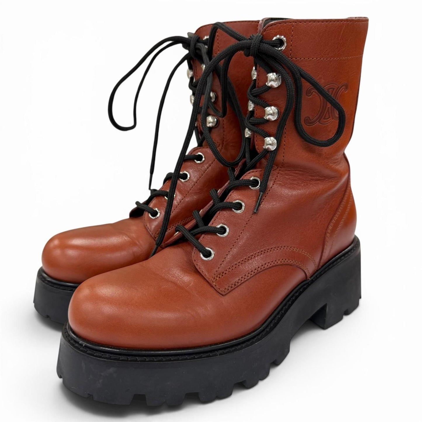 Celine Triomphe Rangers Mid Leather Lace Up Boots Short Brown